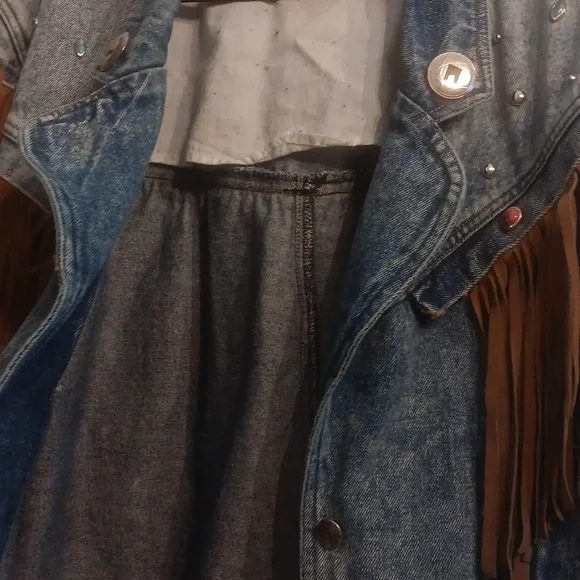 SB ll by Bitterman leather fringe Denim Jacket Vintage BOHO small - Picture 14 of 15